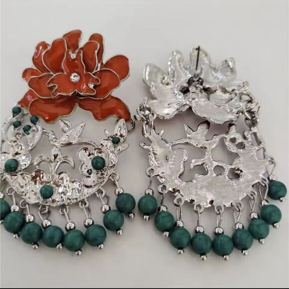 New ZARA Orange, Turquoise & Silver Floral Beaded Earrings With Bird Detail - Picture 7 of 10